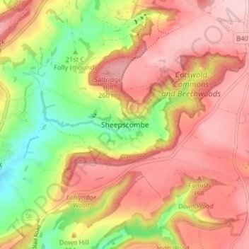 Topografisk kort Sheepscombe, højde, terræn