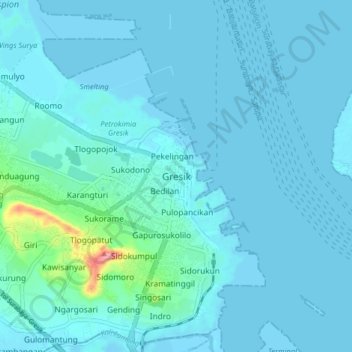 Topografisk kort Gresik, højde, terræn
