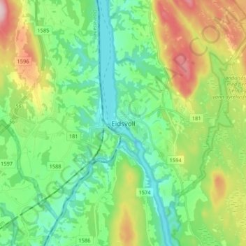Topografisk kort Eidsvoll, højde, terræn