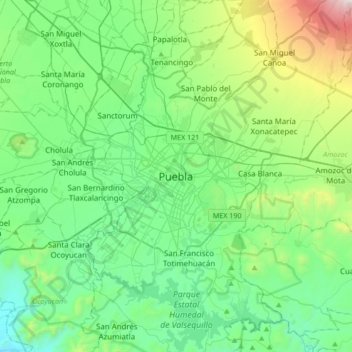 Topografisk kort Puebla, højde, terræn