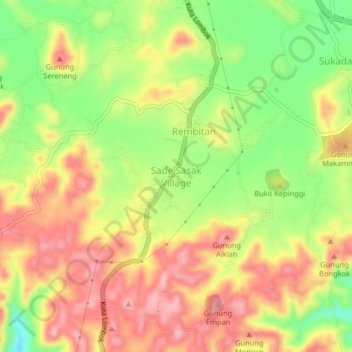 Topografisk kort Sade Sasak Village, højde, terræn