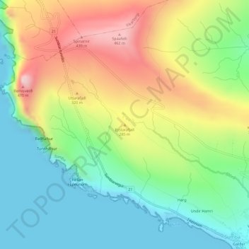 Topografisk kort Eystarafjall, højde, terræn