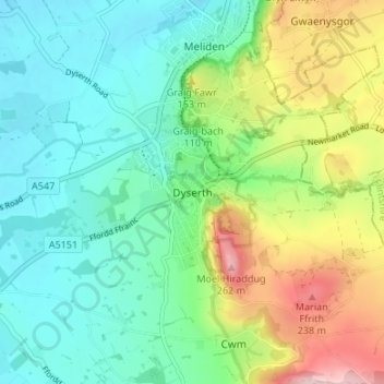 Topografisk kort Dyserth, højde, terræn