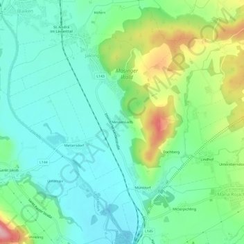 Topografisk kort Messensach, højde, terræn