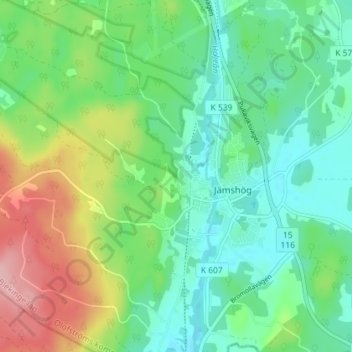 Topografisk kort Södra Rödhult, højde, terræn
