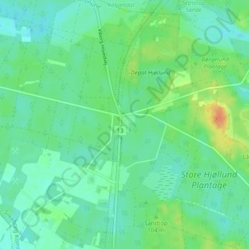 Topografisk kort Hjøllund, højde, terræn