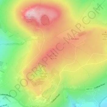 Topografisk kort Clee Hill, højde, terræn