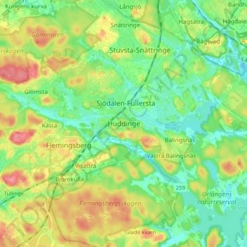 Topografisk kort Huddinge, højde, terræn