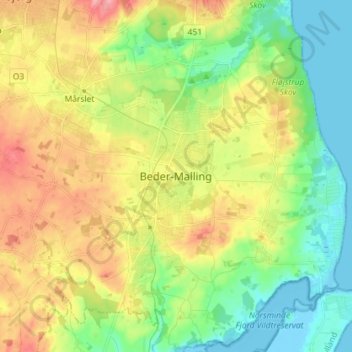 Topografisk kort Beder-Malling, højde, terræn