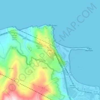 Topografisk kort Tindari, højde, terræn
