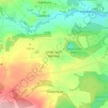 Topografisk kort Leigh upon Mendip, højde, terræn