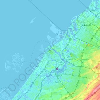 Topografisk kort Dubai, højde, terræn