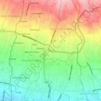 Topografisk kort Pakem, højde, terræn