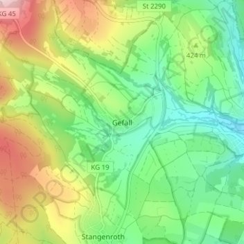 Topografisk kort Gefäll, højde, terræn