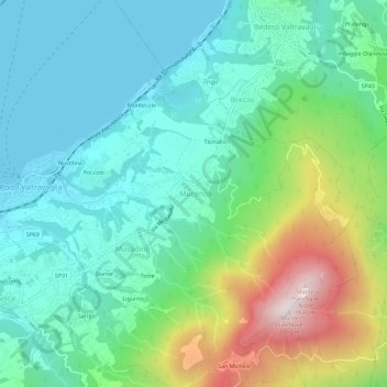Topografisk kort Muceno, højde, terræn