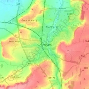 Topografisk kort Grantham, højde, terræn