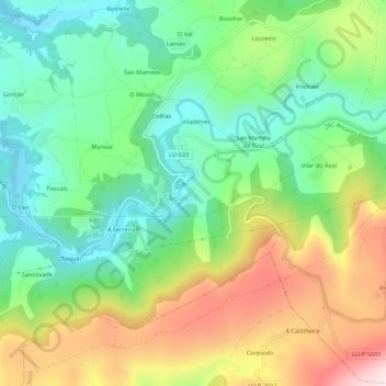 Topografisk kort O Outeiro, højde, terræn