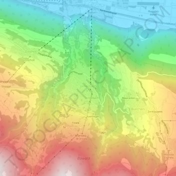 Topografisk kort Unterbäch VS, højde, terræn