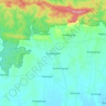 Topografisk kort Tunjungan, højde, terræn