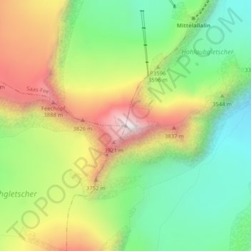 Topografisk kort Allalinhorn, højde, terræn