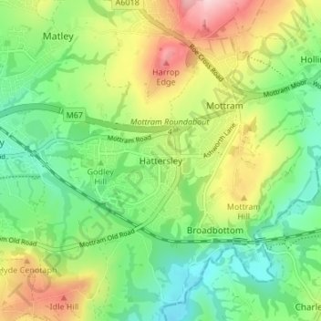 Topografisk kort Hattersley, højde, terræn