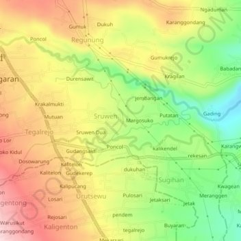 Topografisk kort Sruwen Tiga, højde, terræn