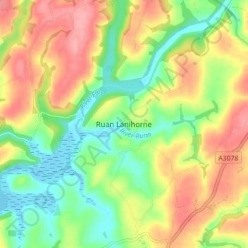 Topografisk kort Ruan Lanihorne, højde, terræn