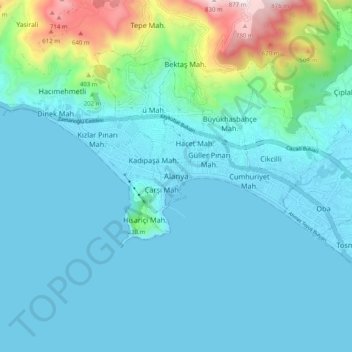 Topografisk kort Alanya, højde, terræn