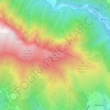 Topografisk kort Montenero, højde, terræn