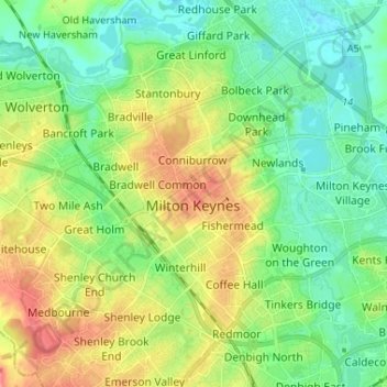 Topografisk kort Milton Keynes, højde, terræn