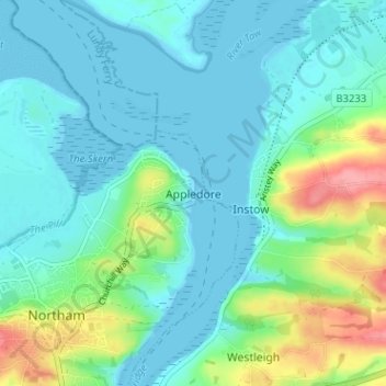 Topografisk kort Appledore, højde, terræn