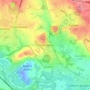 Topografisk kort Great Preston, højde, terræn