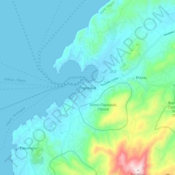 Topografisk kort Parikia, højde, terræn