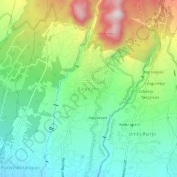Topografisk kort Kaliurang, højde, terræn