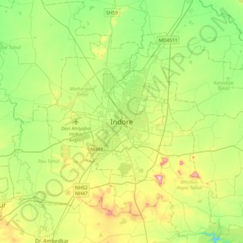 Topografisk kort Indore, højde, terræn