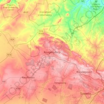 Topografisk kort Krugersdorp, højde, terræn