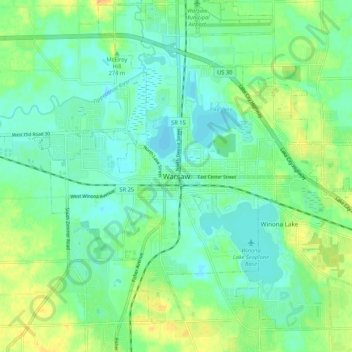 Topografisk kort Warsaw, højde, terræn