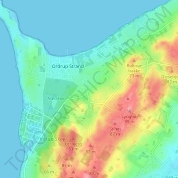 Topografisk kort Ordrup, højde, terræn