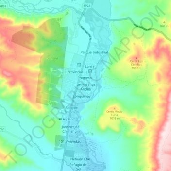 Topografisk kort Junín de los Andes, højde, terræn