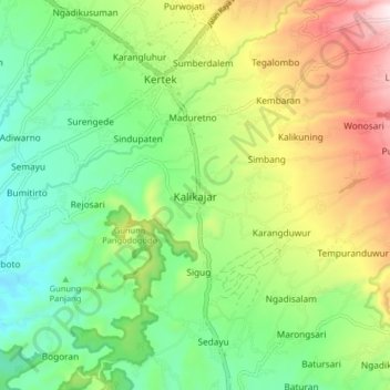 Topografisk kort Kalikajar, højde, terræn