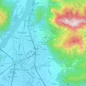 Topografisk kort Gemona del Friuli, højde, terræn