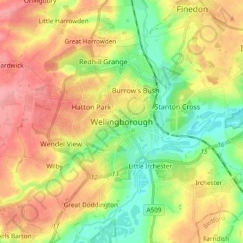 Topografisk kort Wellingborough, højde, terræn