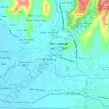 Topografisk kort Gunungsari, højde, terræn