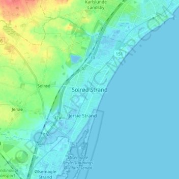 Topografisk kort Solrød Strand, højde, terræn