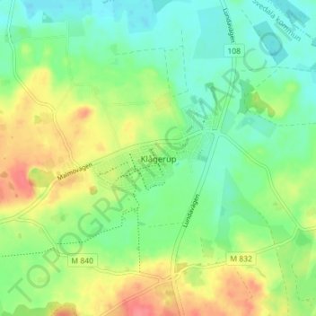 Topografisk kort Klågerup, højde, terræn