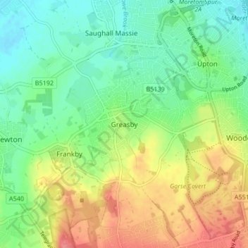 Topografisk kort Greasby, højde, terræn