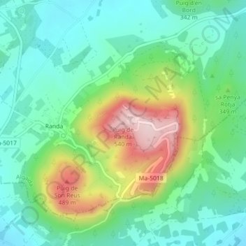 Topografisk kort Puig de Randa, højde, terræn