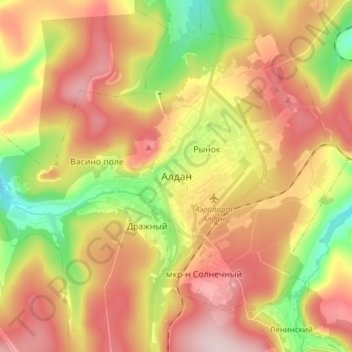 Topografisk kort Aldan, højde, terræn