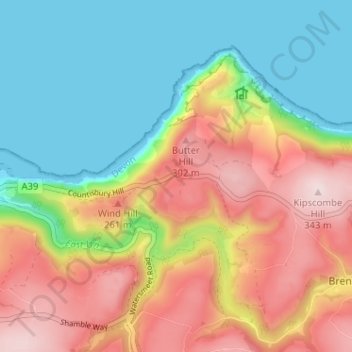 Topografisk kort Countisbury, højde, terræn