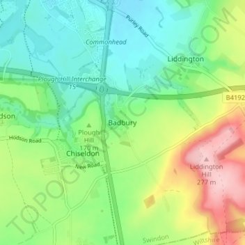 Topografisk kort Badbury, højde, terræn